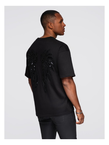 Ombre Men's cotton T-shirt with sequin wing motif on back - black
