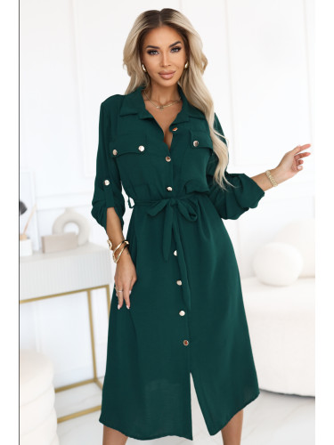 531-7 Midi shirt dress with gold buttons and tie detail - green