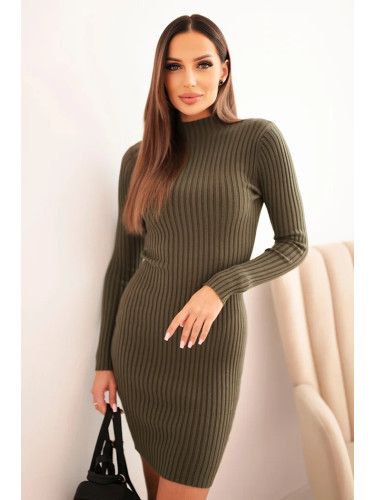 Kesi Włoski Women's ribbed viscose dress with long sleeves and a stand-up collar khaki