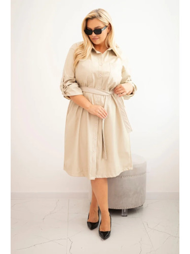 Kesi Plus Size women's dress made of eco-leather with a belt and collar beige