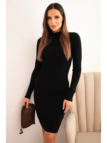 Kesi Włoski Women's ribbed viscose dress with long sleeves and a collar black