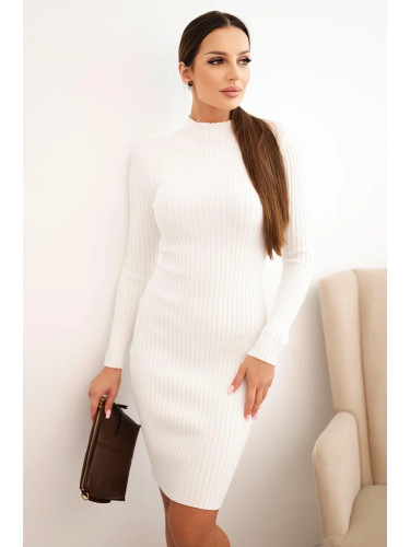 Kesi Włoski Women's ribbed viscose dress with long sleeves and a collar ecru