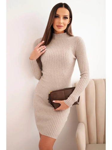 Kesi Włoski Women's ribbed viscose dress with long sleeves and a collar beige