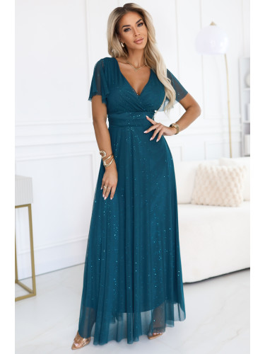 635-1 MELANIA long, shiny dress with a neckline and short sleeves - bottle green