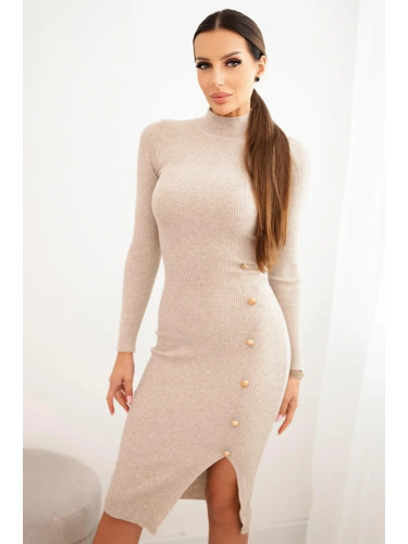 Kesi Włoski Women's ribbed dress with a turtleneck and decorative buttons beige