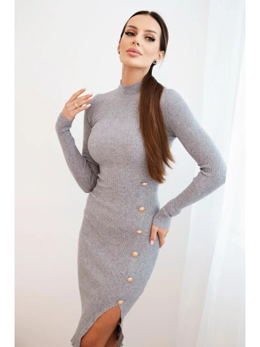 Kesi Włoski Women's ribbed dress with a turtleneck and decorative buttons gray