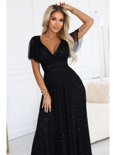 635-2 MELANIA long, shiny dress with a neckline and short sleeves - black