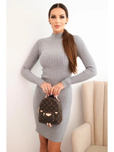 Kesi Włoski Women's ribbed viscose dress with long sleeves and a collar gray
