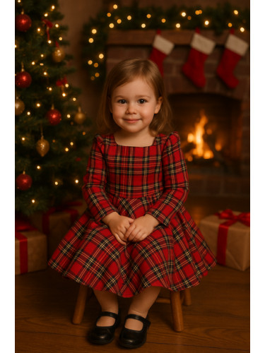 Детска рокля с дълъг ръкав в червено каре с тюл Астрид Карена