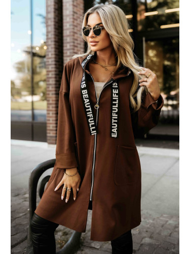 632-2 Casual coat with a zipper and fashionable details - chocolate