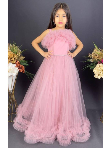 Официална детска дълга рокля Аделина в пепел от рози с тюл без ръкав и
