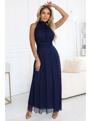 636-2 VERONICA luxurious long dress with a brocade accent and a chic cut - navy blue