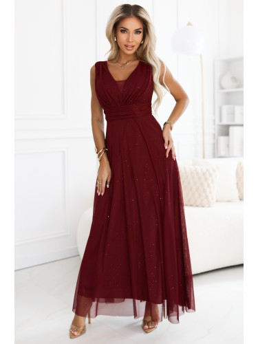 637-1 Long evening dress with a brocade accent and a deep neckline - burgundy