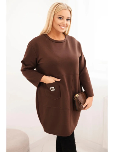 Kesi Włoski Plus Size women's dress butter with a pocket and 3/4 sleeve brown