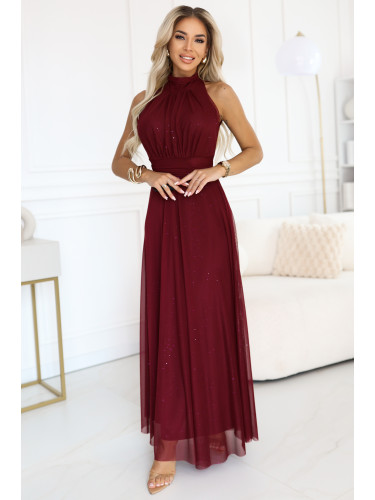 636-1 VERONICA luxurious long dress with a brocade accent and a chic shape - burgundy