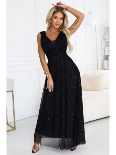 637-2 Long evening dress with a glitter accent and a deep neckline - black