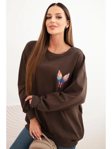 Polski Women's oversized cotton sweatshirt with colorful wings on the back brown
