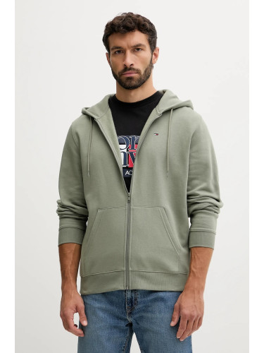 Суичър Tommy Jeans мъжки в зелено с качулка с изчистен дизайн DM0DM20743