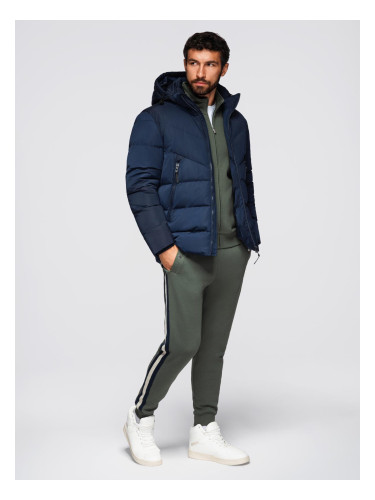 Ombre Men's jacket with asymmetrical quilting and hood - navy blue