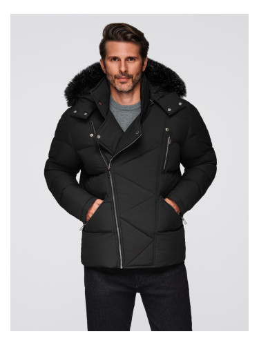 Ombre Men's quilted jacket with cut of ramoneski with hood - black