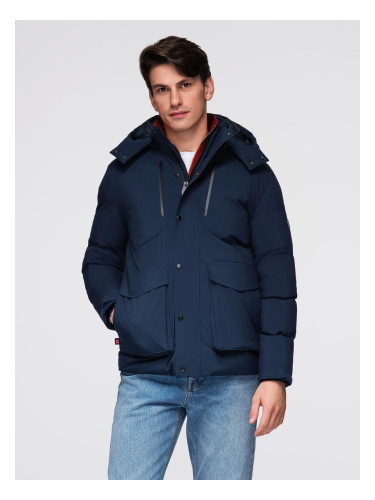Ombre Men's winter jacket with detachable hood made of waterproof material - navy blue