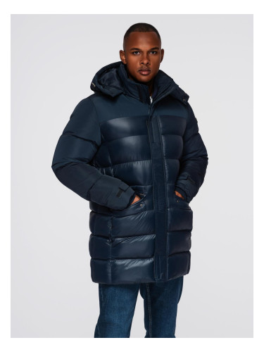 Ombre Men's quilted jacket with combined materials and hood - navy blue