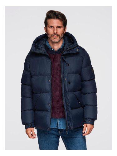 Ombre Men's quilted jacket with high zipped hood - navy blue