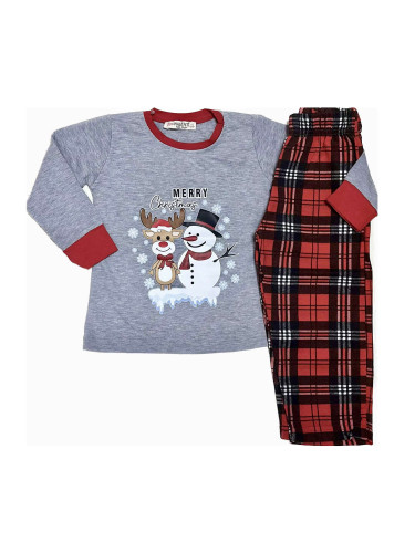 Коледна детска пижама в сиво с дълъг ръкав елен и снежен човек