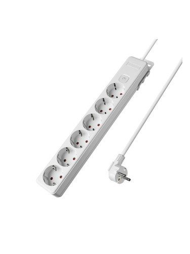 Разклонител 6 гнезда, с ключ, кабел 3м, бял, Braytron, BY72-00263