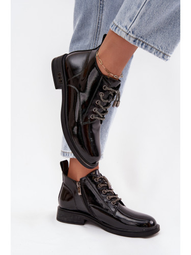 Кожени лачени дамски боти с декоративно връзване D&A