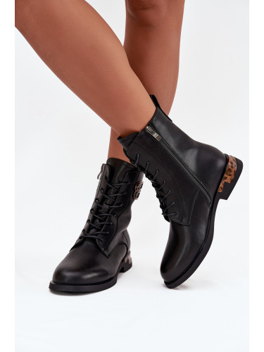 Кожени дамски боти с равна подметка с декорация подплатени Artiker