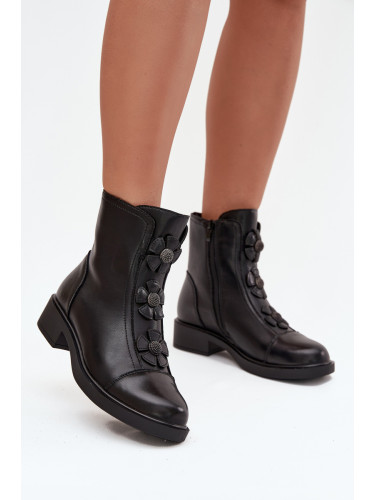 Boto Кожени дамски боти с декоративни цветя топли черни Belverine