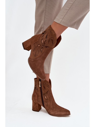 Кожени дамски боти с отвори на висок ток Zazoo 3647 кестеняви