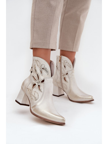 Кожени Ажурни Дамски Ботуши На Висока Тока Zazoo 3647 Златен Избледнял