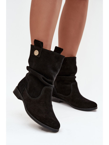 Zazoo Кожени велурени дамски боти с бразди затоплени Зазу 4210 Черни