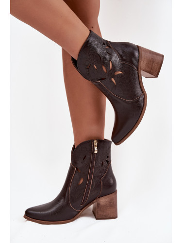 Zazoo Дамски боти с отвори от естествена кожа на ток Зазу 3690 шоколадови