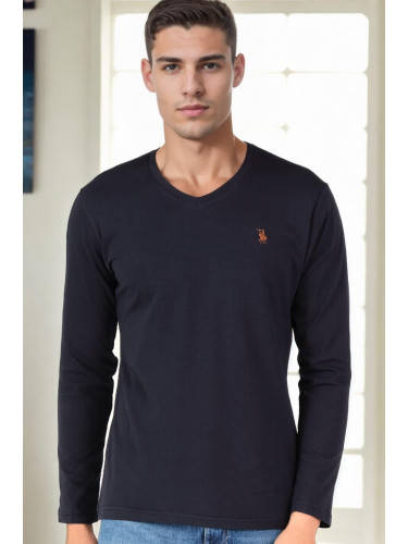 T9587 DEWBERRY V-NECK MEN'S LONG SLEEVE T-SHIRT-NAVY BLUE