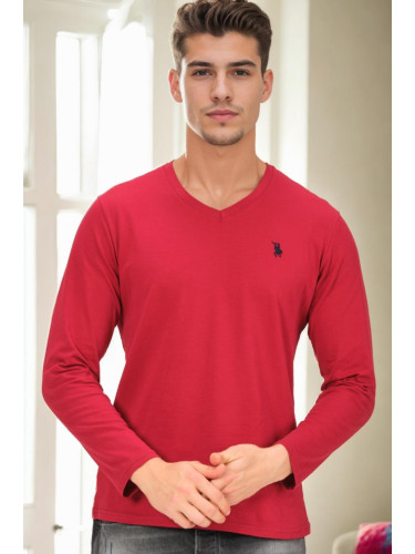 T9587 DEWBERRY V-NECK MEN'S LONG SLEEVE T-SHIRT-BURGUNDY
