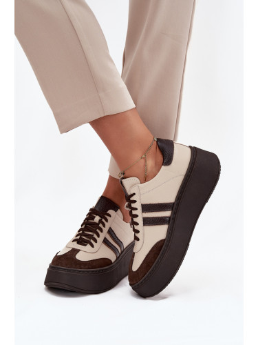 Кожени дамски спортни обувки на платформа Zazoo 3775 бежово-кафяви