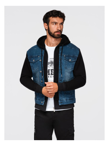 Ombre Men's denim jacket with knitted sleeves and hood - blue and black