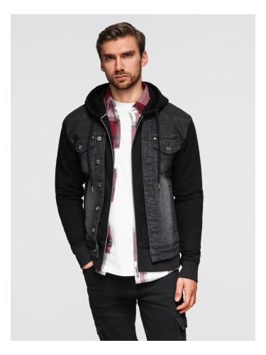 Ombre Men's denim jacket with knitted sleeves and hood - black