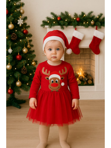 Бебешка коледна ватирана детска рокля с тюл в червено и елен