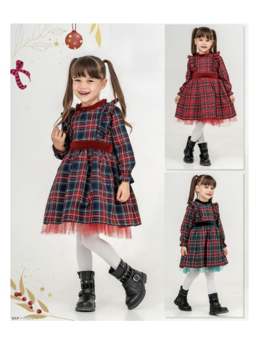 Коледна рокля с дълъг ръкав в червено с червено каре, червена тюл и па