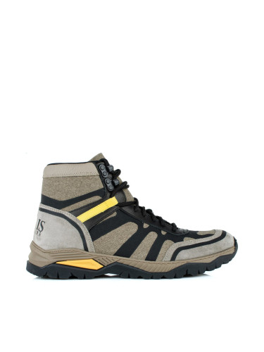 Мъжки туристически обувки в тъмнобежово, черно и жълто G001