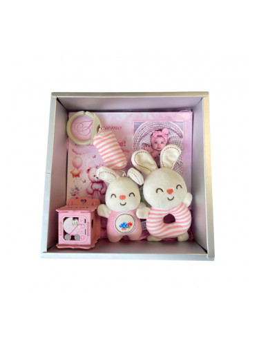 Подаръчен комплект за бебе момиче - Фоторамка с бебешки дрънкалки Зайче