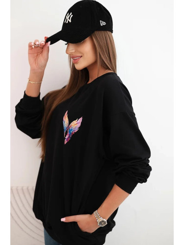 Polski Women's oversized cotton sweatshirt with colorful wings on the back black