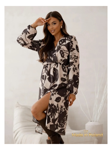 Resti Melania Botanica Dress – brown midi with long sleeves, decorative pattern