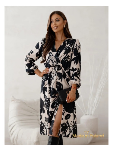 Resti Apollonia Midi Beige Dress with Long Sleeves and Floral Pattern