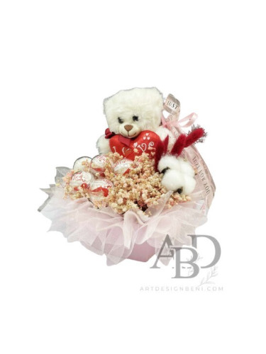 Луксозна кутия с гипсофила плюшено мече и бонбони Рафаело