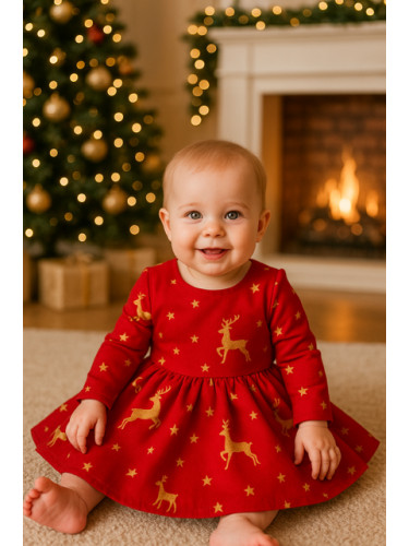 Бебешка рокля с дълъг ръкав в червено с еленчета и панделка отзад